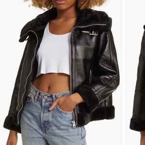 Faux Leather Aviator Jacket with Faux Fur Trim